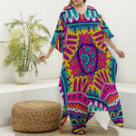 Colorful Mandala Bohemian Pattern Print Silk V-Neck Kaftan Dress