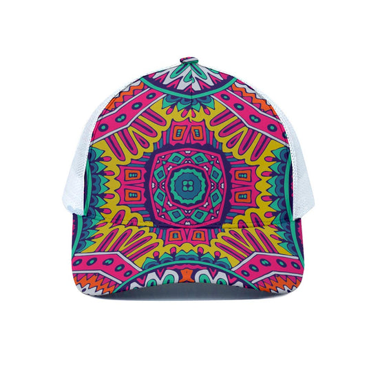 Colorful Mandala Bohemian Pattern Print White Mesh Trucker Cap