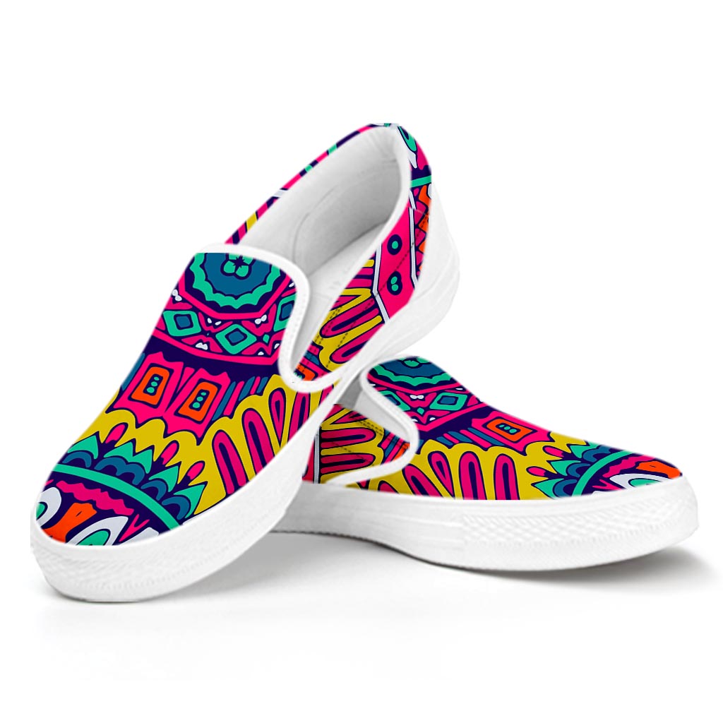 Colorful Mandala Bohemian Pattern Print White Slip On Sneakers