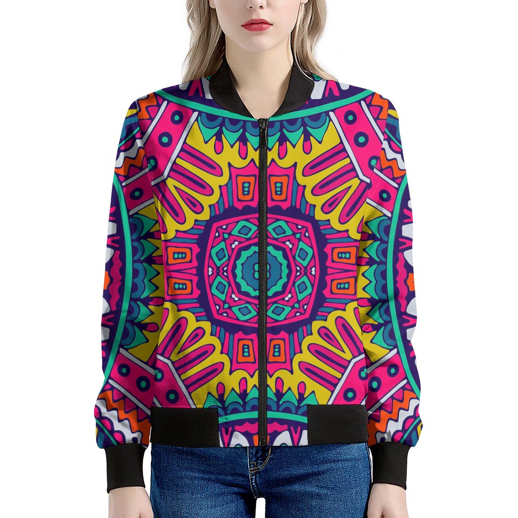 Colorful Mandala Bohemian Pattern Print Women's Bomber Jacket