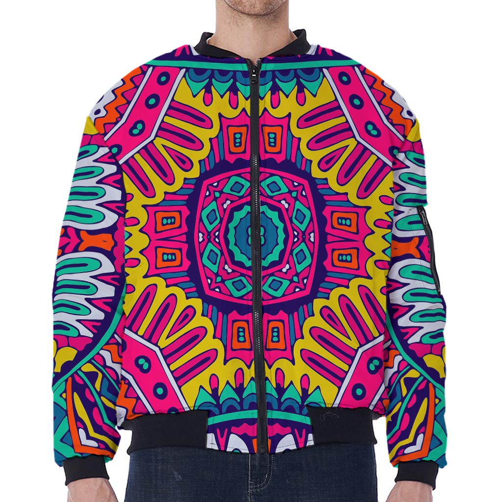 Colorful Mandala Bohemian Pattern Print Zip Sleeve Bomber Jacket