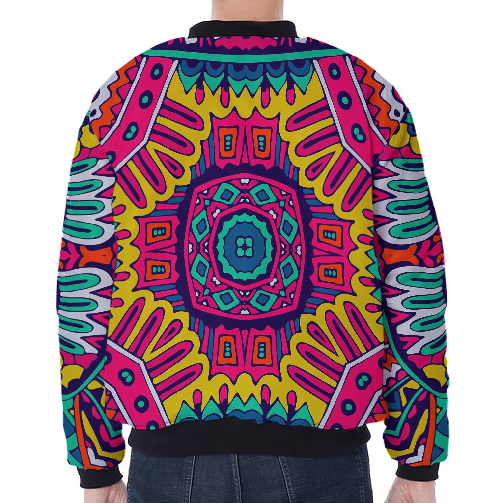 Colorful Mandala Bohemian Pattern Print Zip Sleeve Bomber Jacket