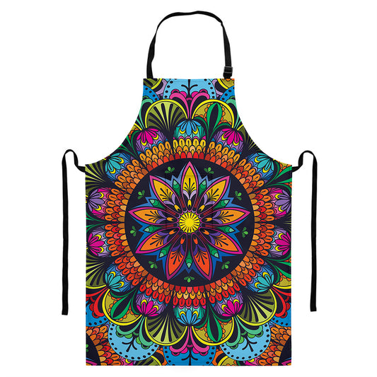 Colorful Mandala Print Bib Apron With Pocket