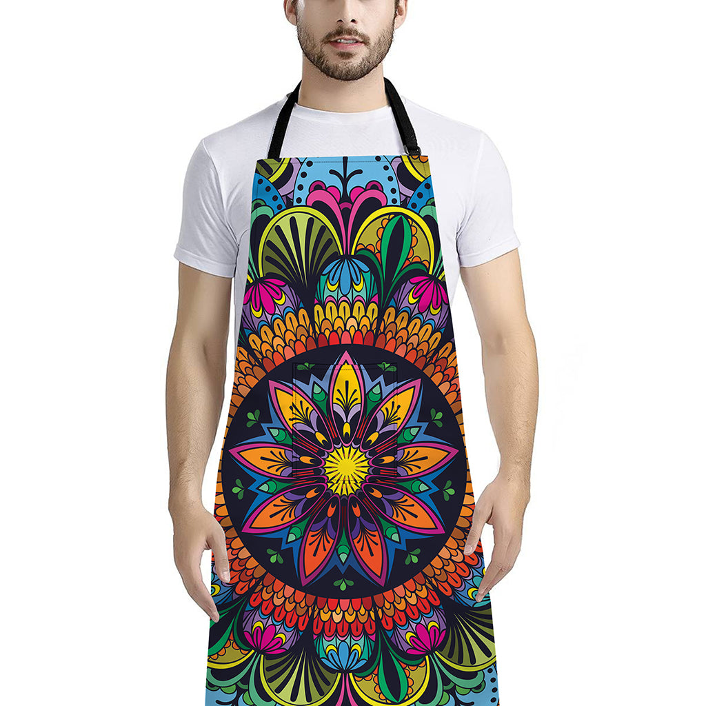 Colorful Mandala Print Bib Apron With Pocket