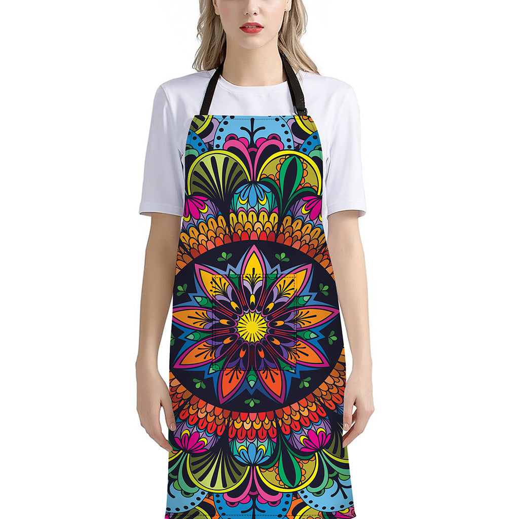 Colorful Mandala Print Bib Apron With Pocket