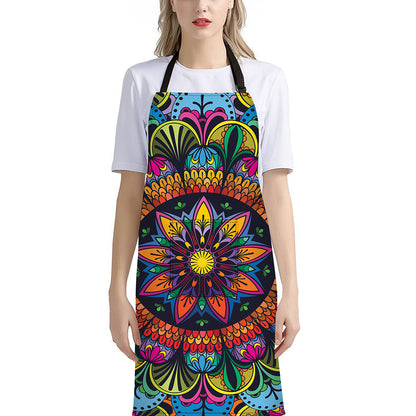 Colorful Mandala Print Bib Apron With Pocket