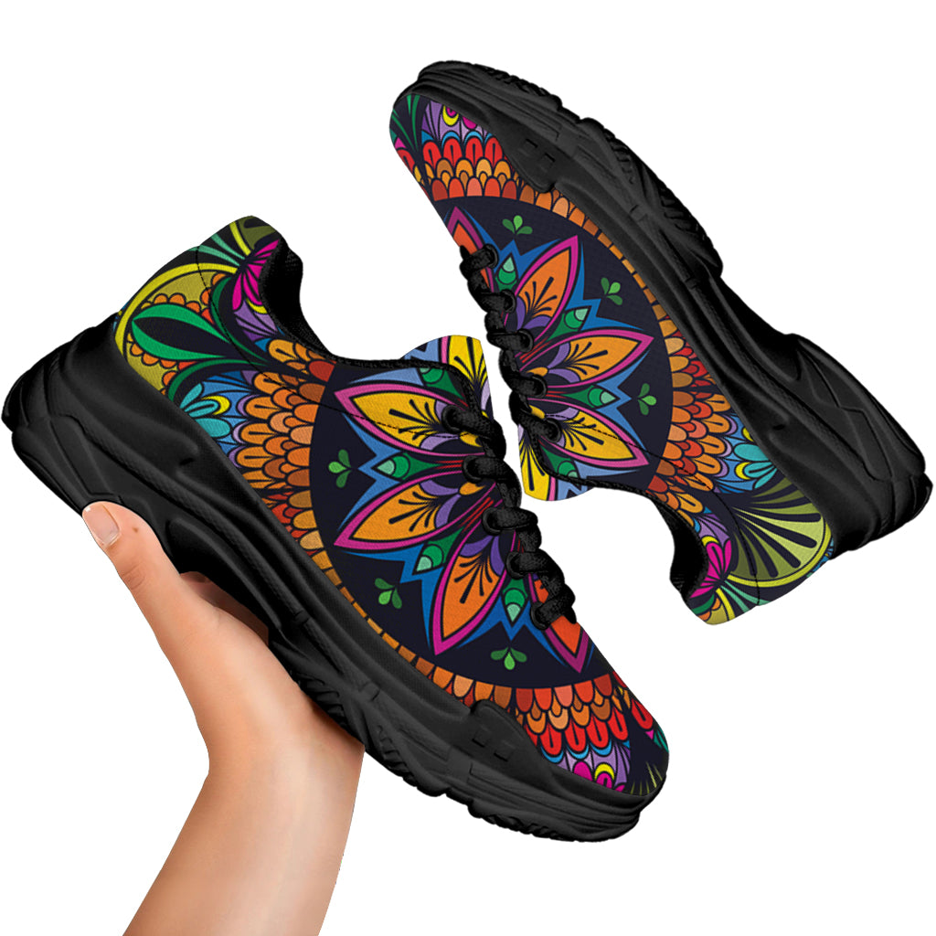 Colorful Mandala Print Black Chunky Shoes