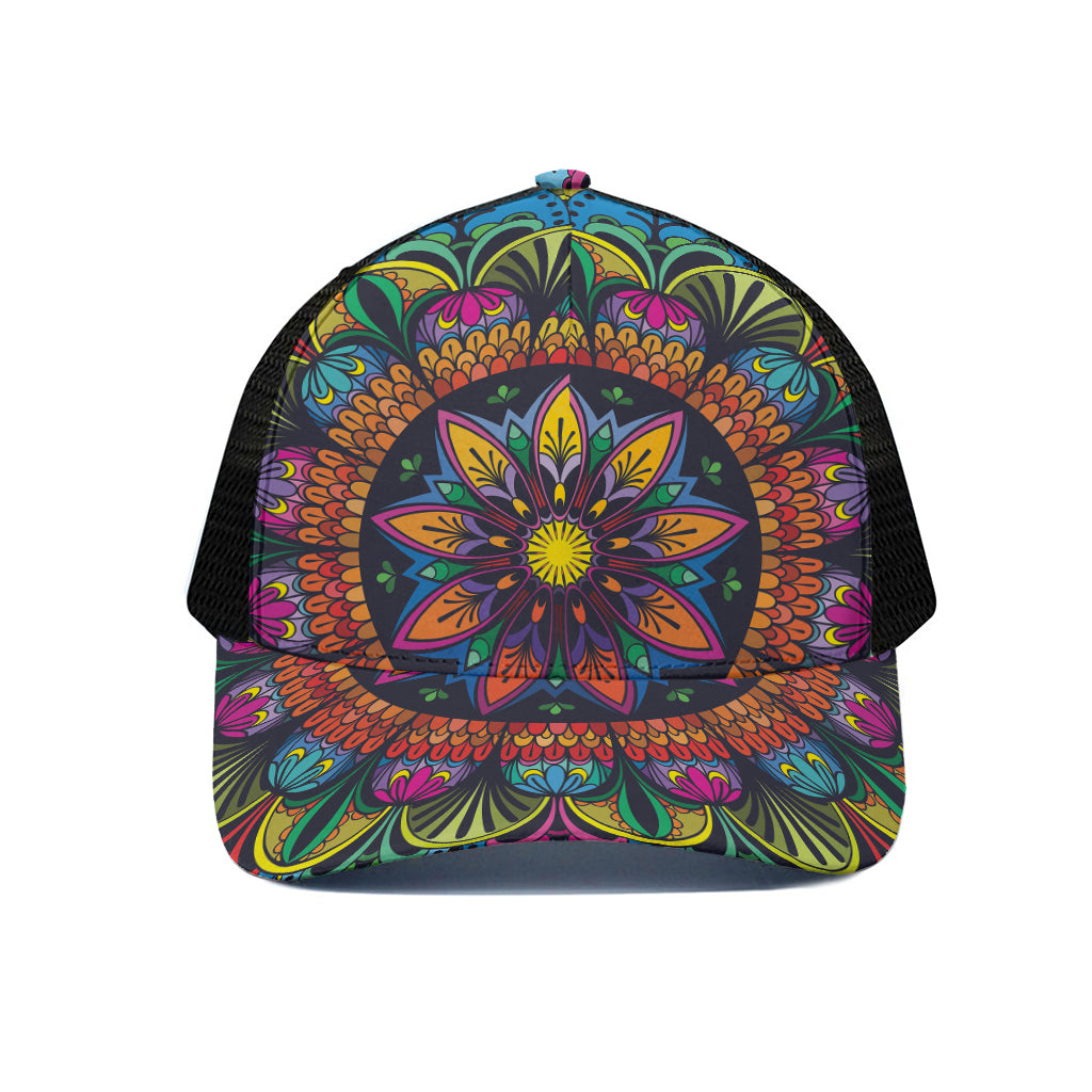 Colorful Mandala Print Black Mesh Trucker Cap