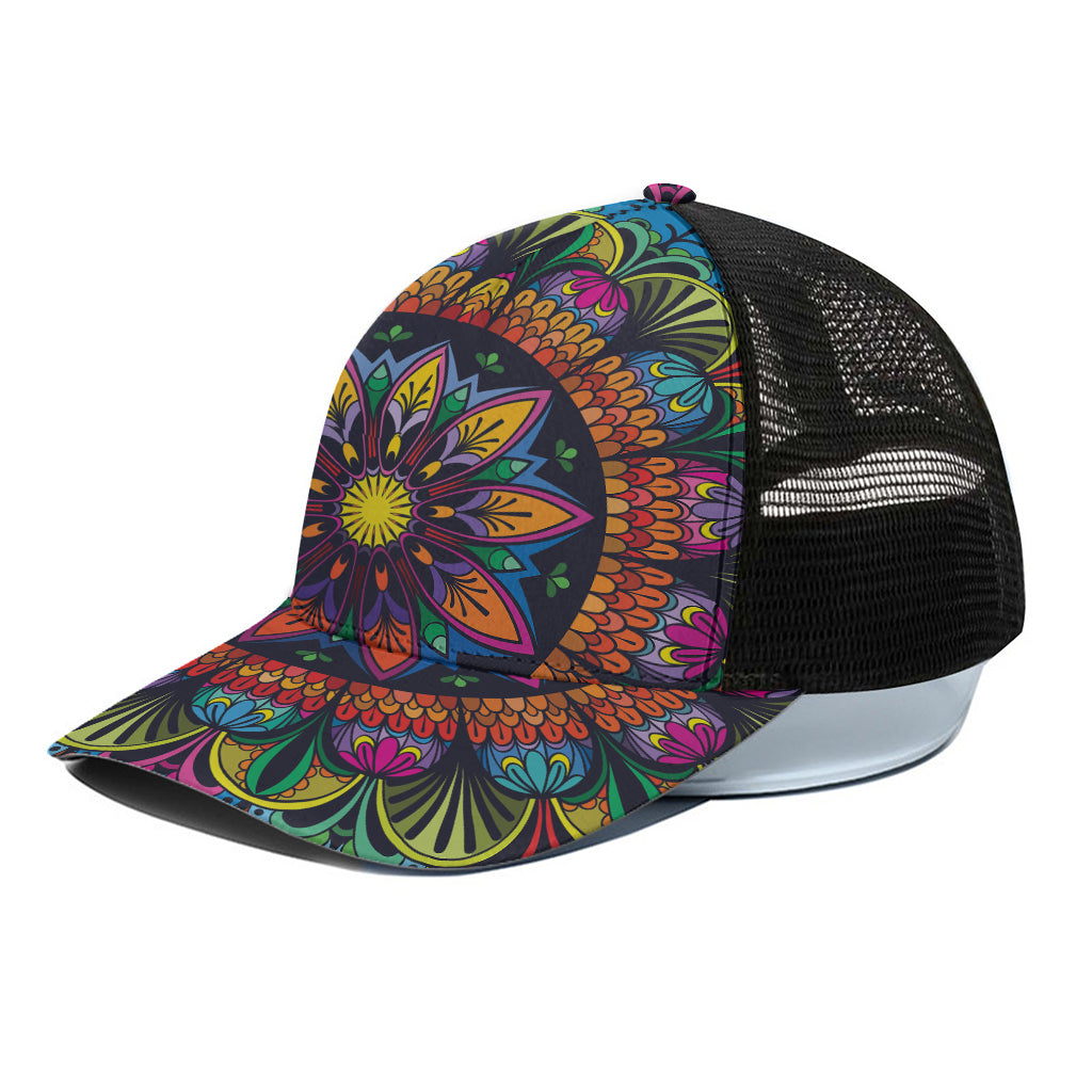 Colorful Mandala Print Black Mesh Trucker Cap