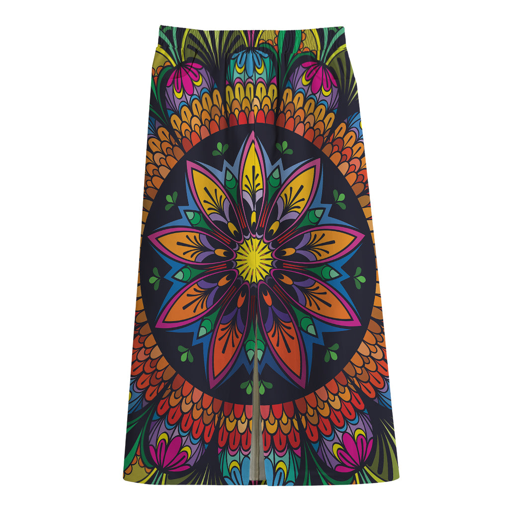 Colorful Mandala Print Cotton Front Slit Maxi Skirt