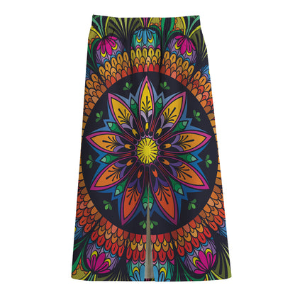 Colorful Mandala Print Cotton Front Slit Maxi Skirt