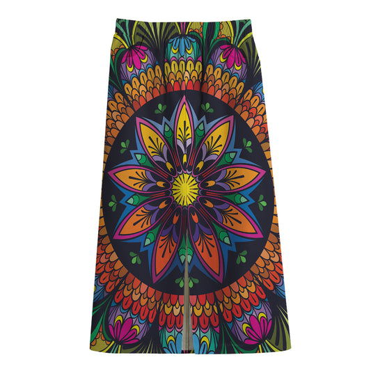 Colorful Mandala Print Cotton Front Slit Maxi Skirt