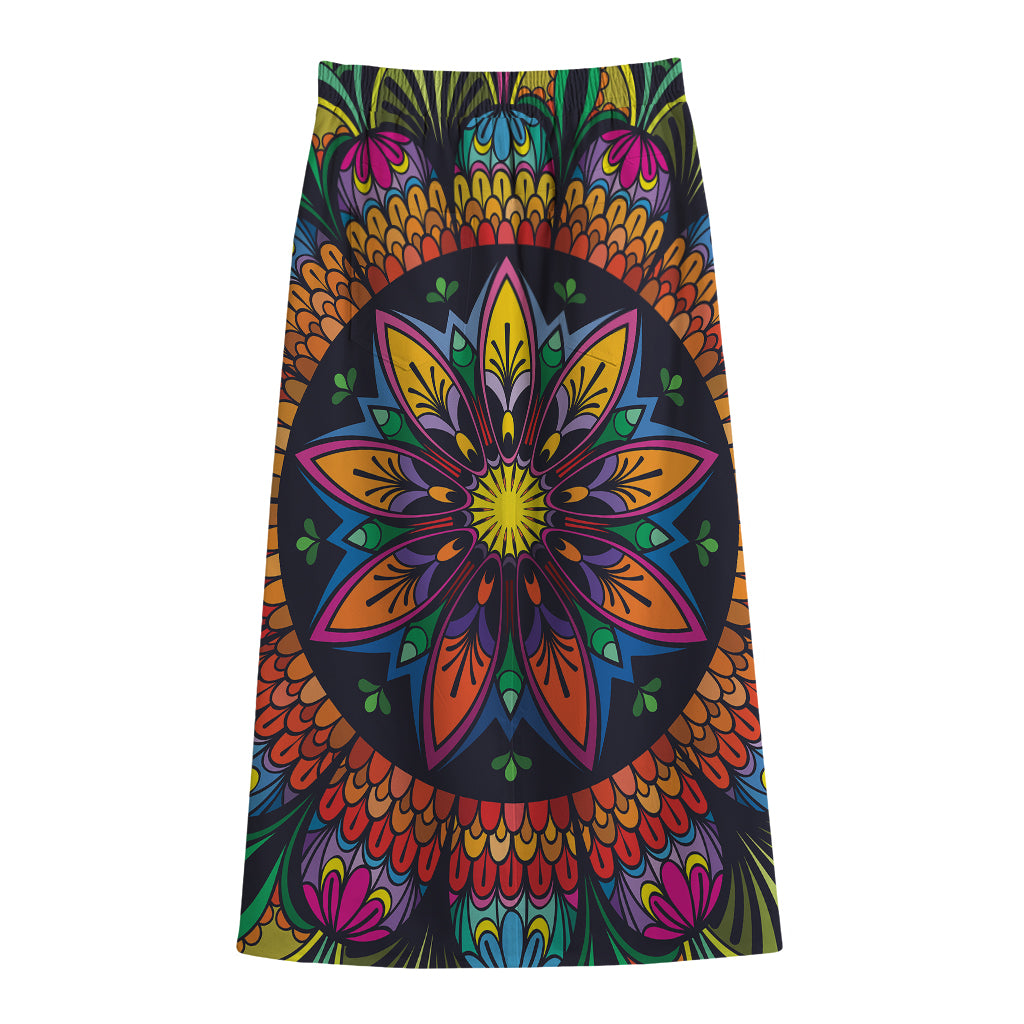 Colorful Mandala Print Cotton Front Slit Maxi Skirt