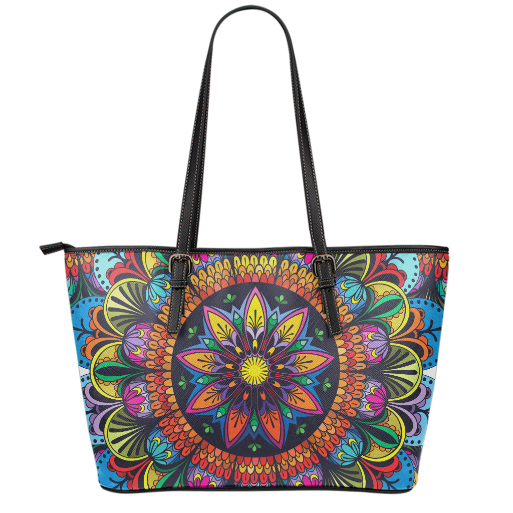 Colorful Mandala Print Leather Tote Bag