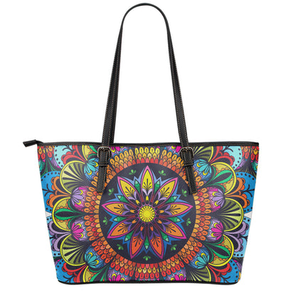 Colorful Mandala Print Leather Tote Bag