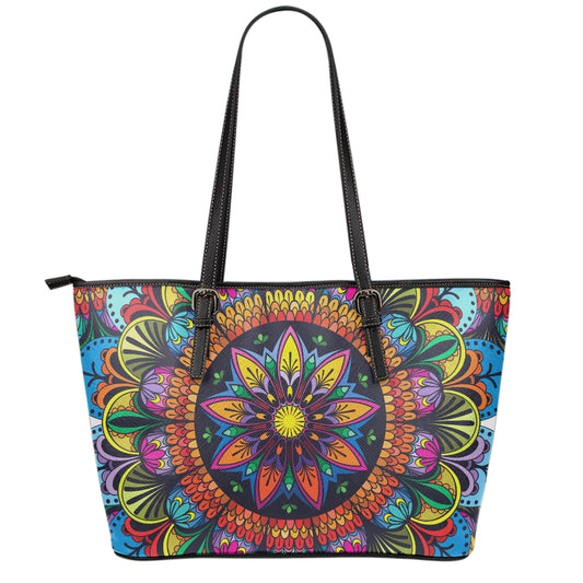 Colorful Mandala Print Leather Tote Bag