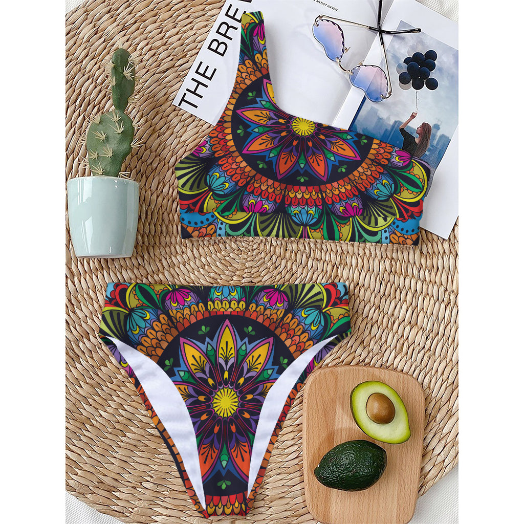 Colorful Mandala Print One Shoulder Bikini Top