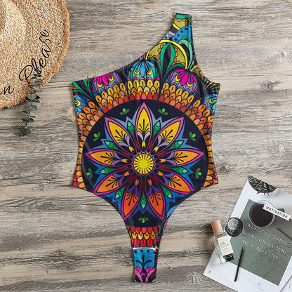 Colorful Mandala Print One Shoulder Bodysuit