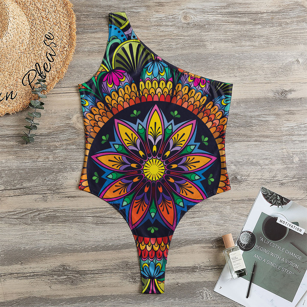 Colorful Mandala Print One Shoulder Bodysuit