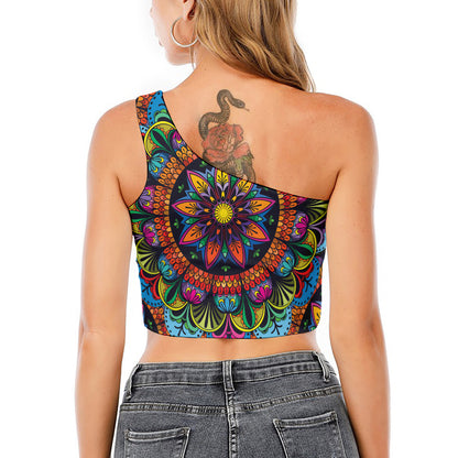 Colorful Mandala Print One Shoulder Crop Top