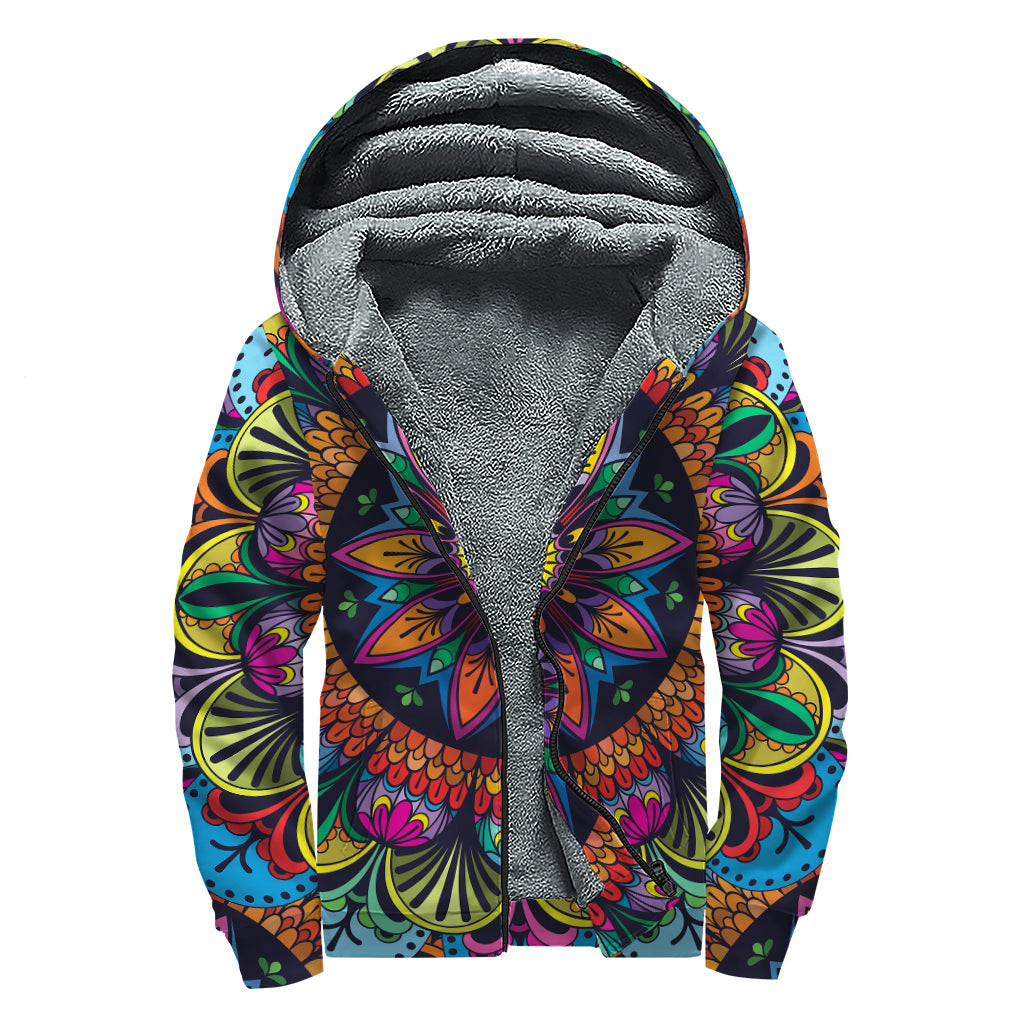 Colorful Mandala Print Sherpa Lined Zip Up Hoodie