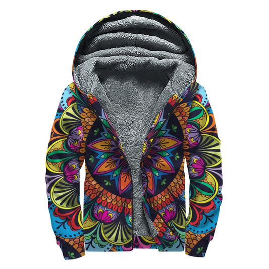 Colorful Mandala Print Sherpa Lined Zip Up Hoodie