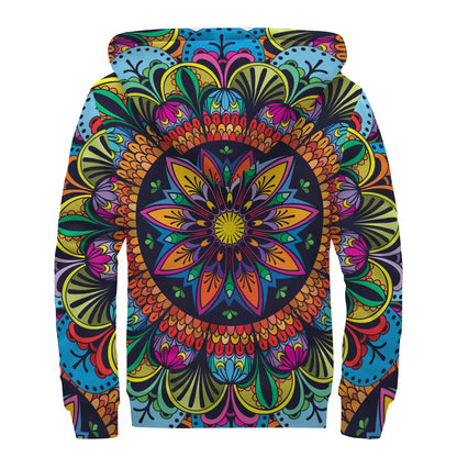 Colorful Mandala Print Sherpa Lined Zip Up Hoodie