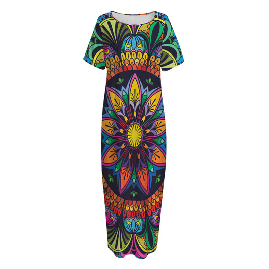 Colorful Mandala Print Short Sleeve Long Nightdress