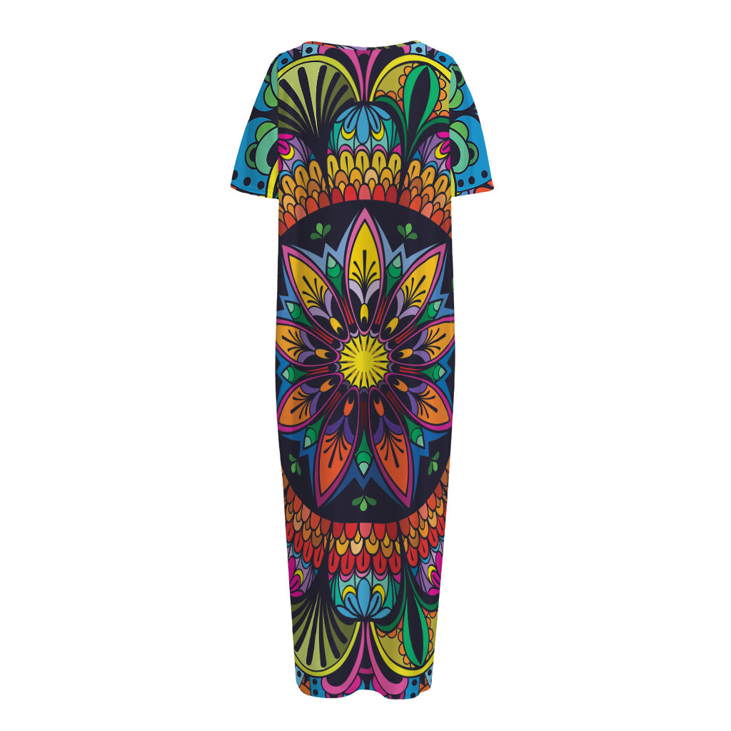 Colorful Mandala Print Short Sleeve Long Nightdress