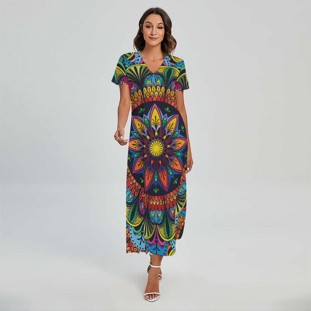 Colorful Mandala Print Short Sleeve Maxi Dress