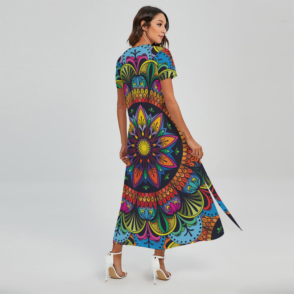 Colorful Mandala Print Short Sleeve Maxi Dress