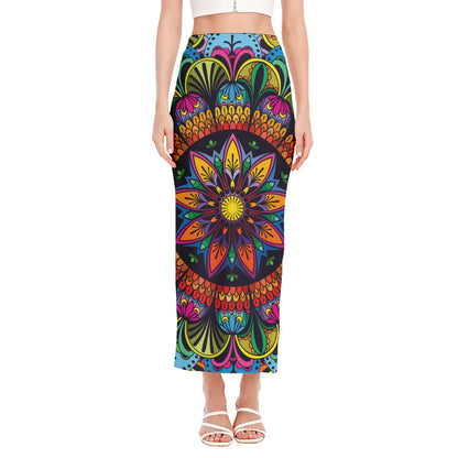 Colorful Mandala Print Side Slit Maxi Skirt