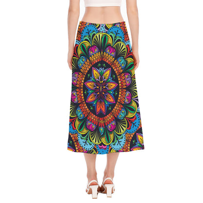 Colorful Mandala Print Side Slit Midi Skirt