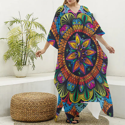 Colorful Mandala Print Silk V-Neck Kaftan Dress