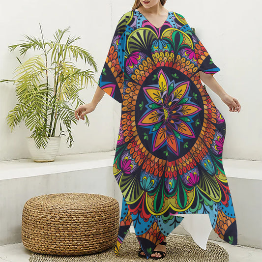 Colorful Mandala Print Silk V-Neck Kaftan Dress