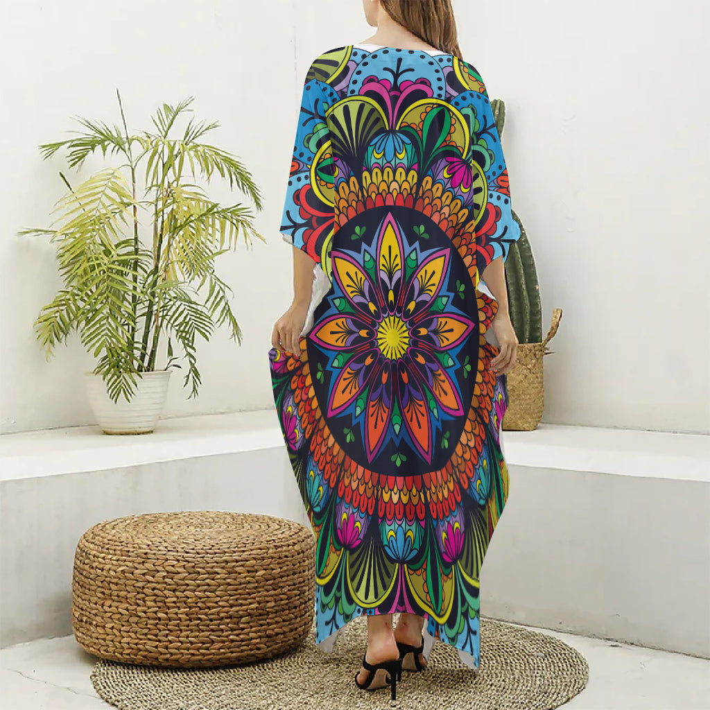 Colorful Mandala Print Silk V-Neck Kaftan Dress
