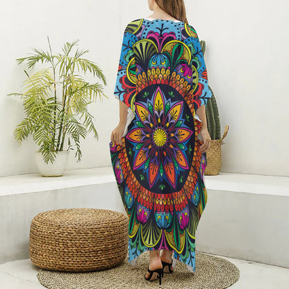 Colorful Mandala Print Silk V-Neck Kaftan Dress