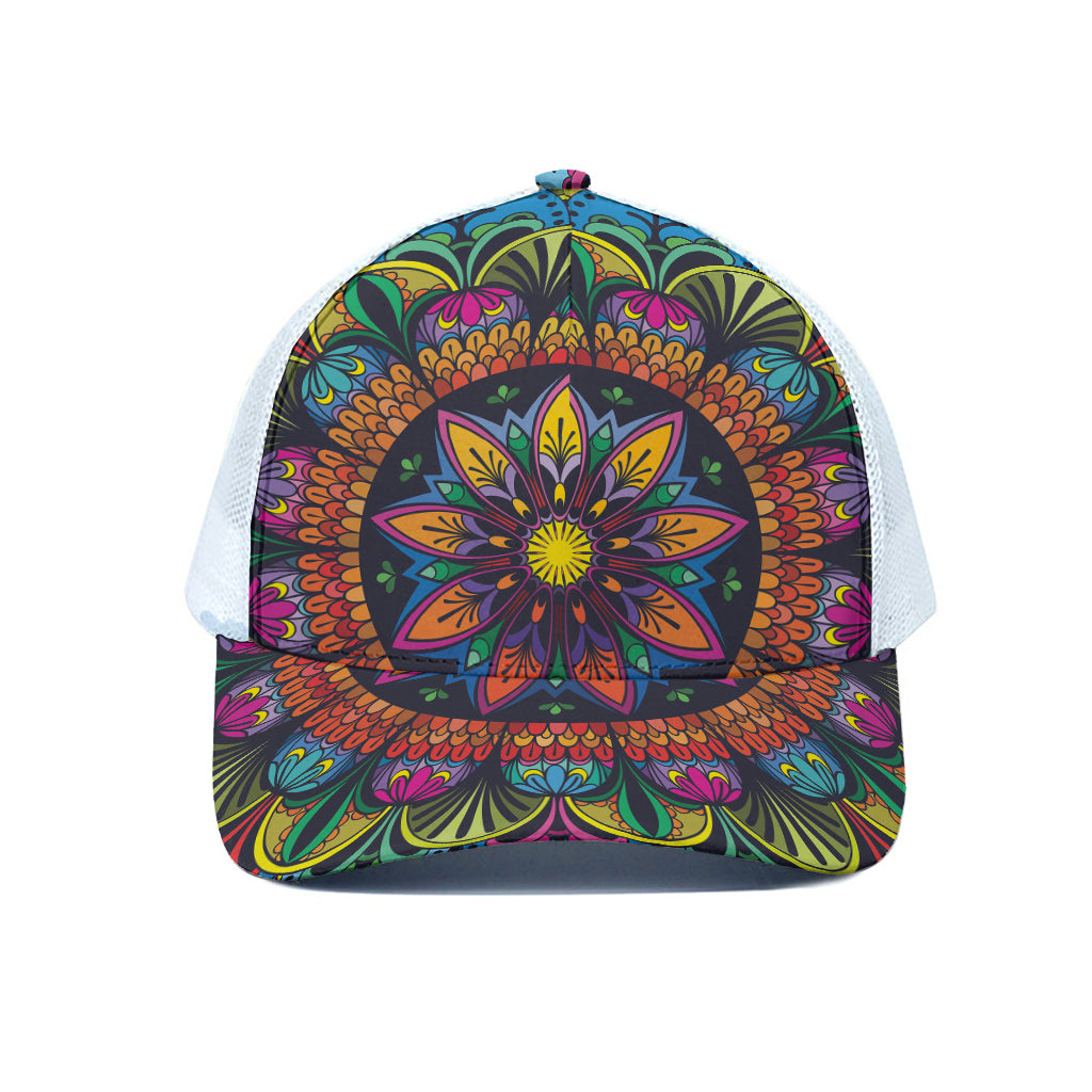 Colorful Mandala Print White Mesh Trucker Cap