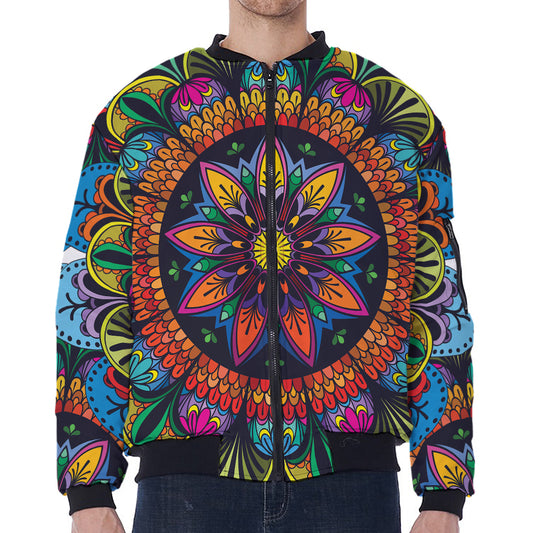 Colorful Mandala Print Zip Sleeve Bomber Jacket