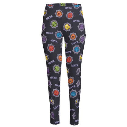 Colorful Maya Pattern Print High-Waisted Pocket Leggings