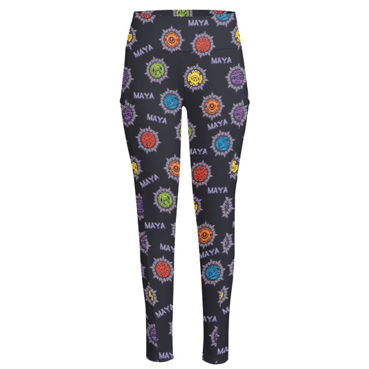 Colorful Maya Pattern Print High-Waisted Pocket Leggings
