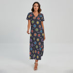 Colorful Maya Pattern Print Short Sleeve Maxi Dress