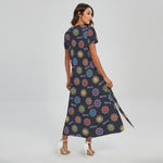 Colorful Maya Pattern Print Short Sleeve Maxi Dress