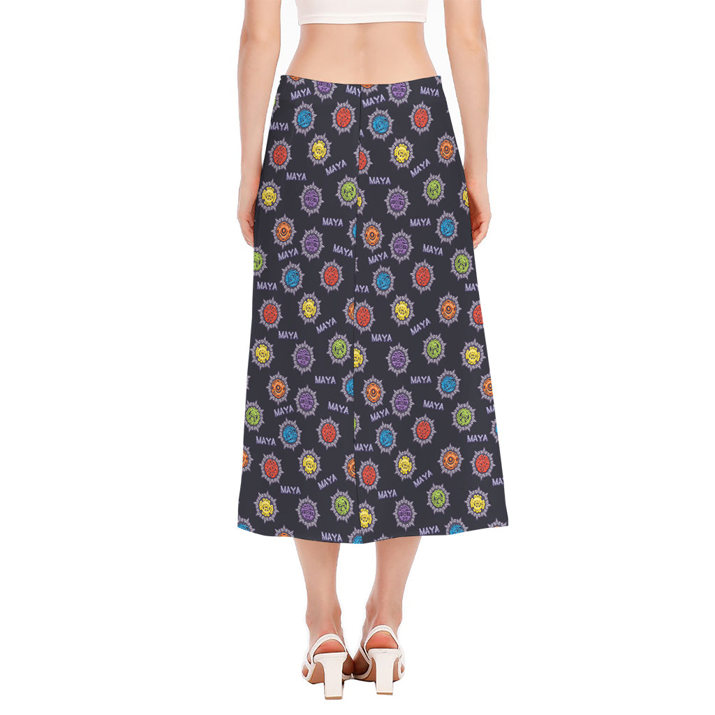 Colorful Maya Pattern Print Side Slit Midi Skirt