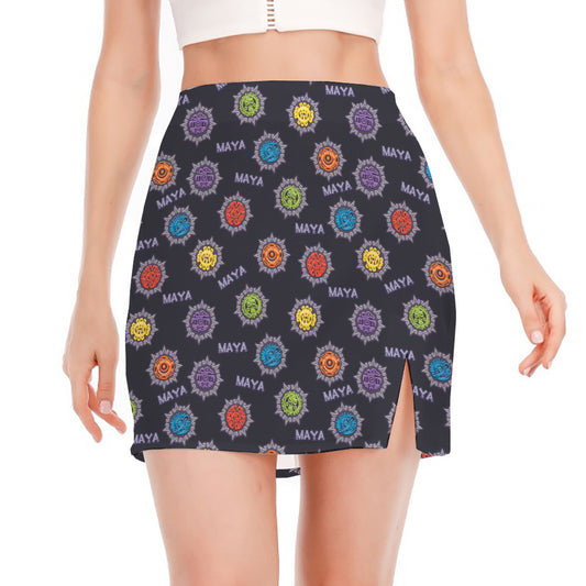 Colorful Maya Pattern Print Side Slit Mini Skirt