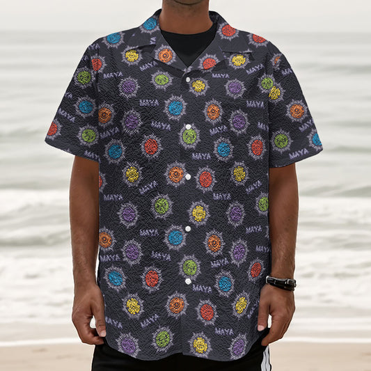 Colorful Maya Pattern Print Textured Short Sleeve Shirt
