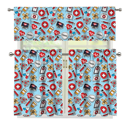 Colorful Medical Pattern Print 3 Piece Kitchen Curtains