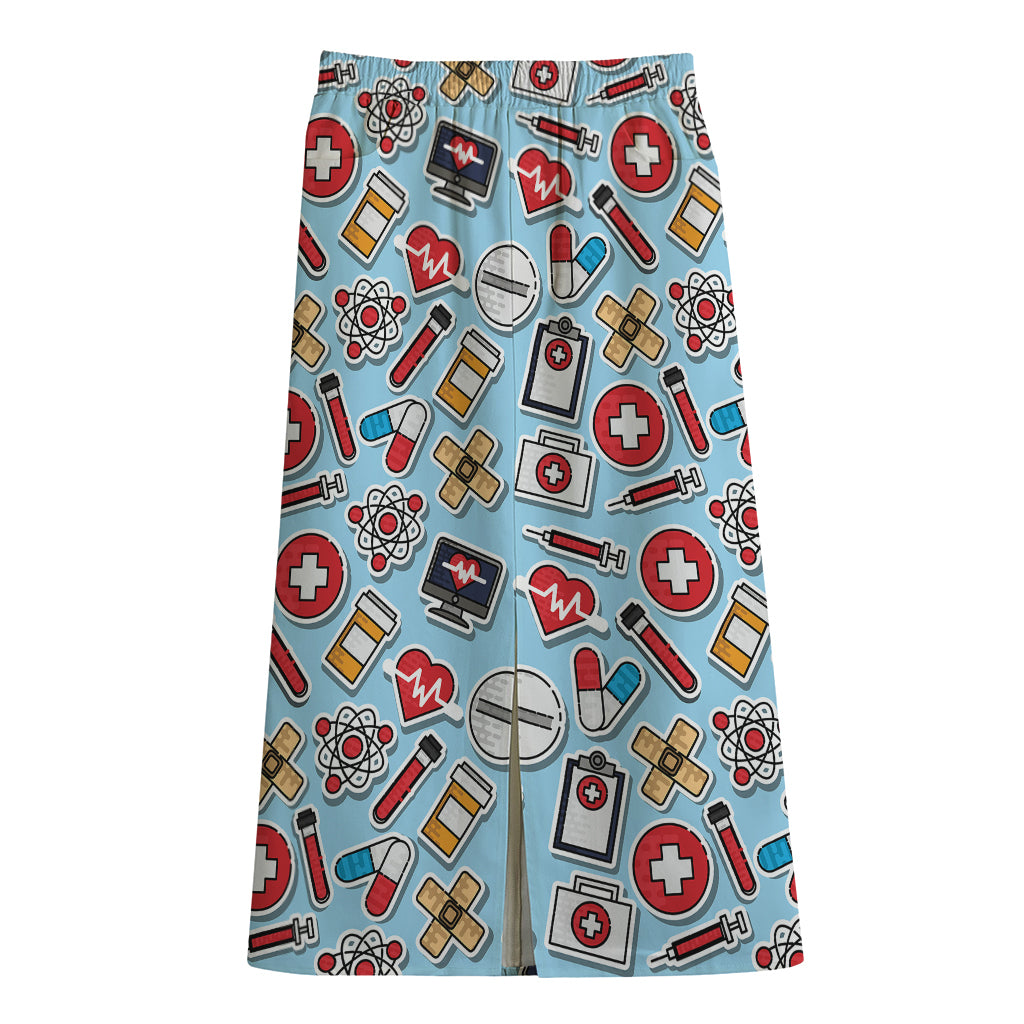Colorful Medical Pattern Print Cotton Front Slit Maxi Skirt