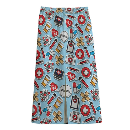 Colorful Medical Pattern Print Cotton Front Slit Maxi Skirt