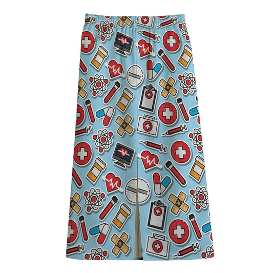 Colorful Medical Pattern Print Cotton Front Slit Maxi Skirt